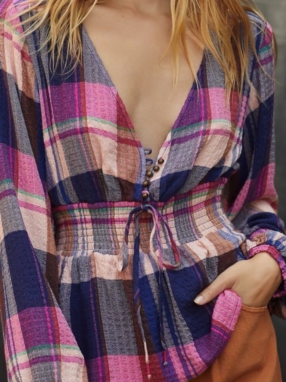 Anthropologie Pilcro Plaid Deep-V Blouse Pink Blue NWT XS